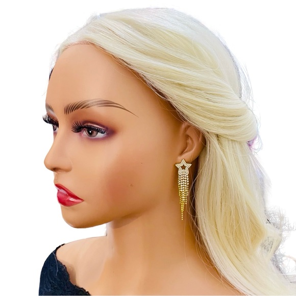 Glamorous Gold Star Dangle Earrings with Rhinestone Fringe - Picture 2 of 2